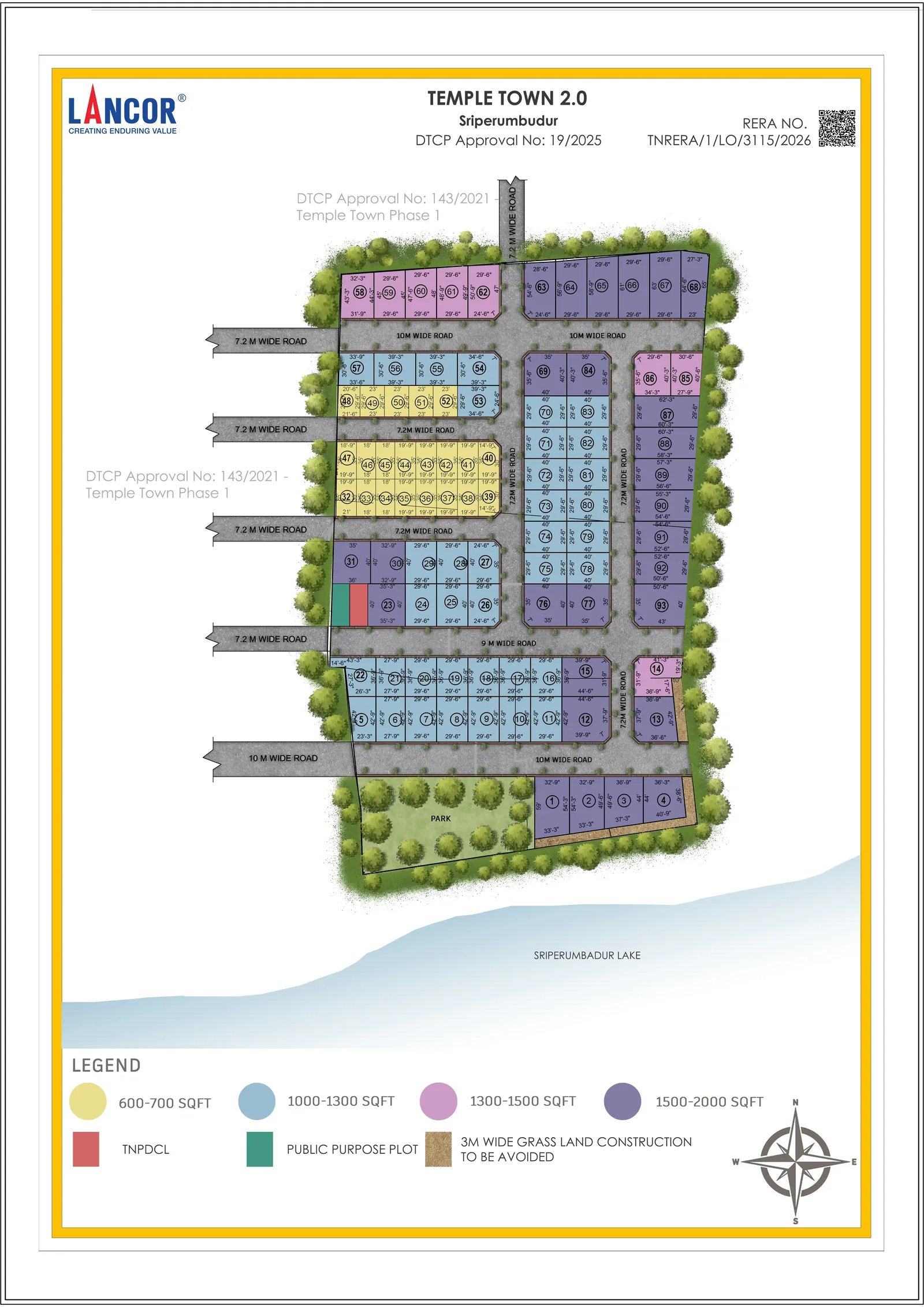 Sanctioned layout plan of Temple Town 2.0, Sriperumbudur, showing every numbered plot, the internal roads, the park and Sriperumbudur lake along the southern boundary